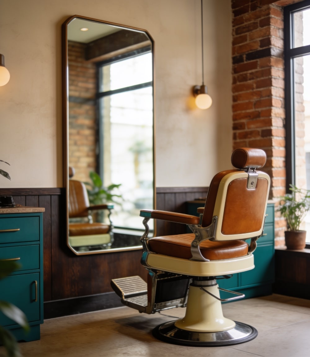 Barbearia com cadeira clássica de couro, espelho e parede de tijolinho